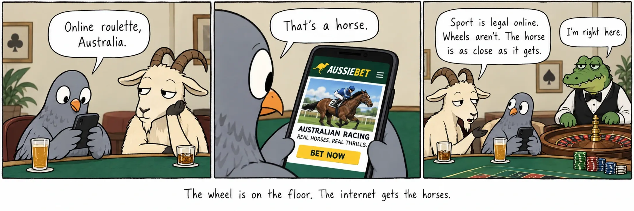 A roda fica na sala. A internet fica com os cavalos.